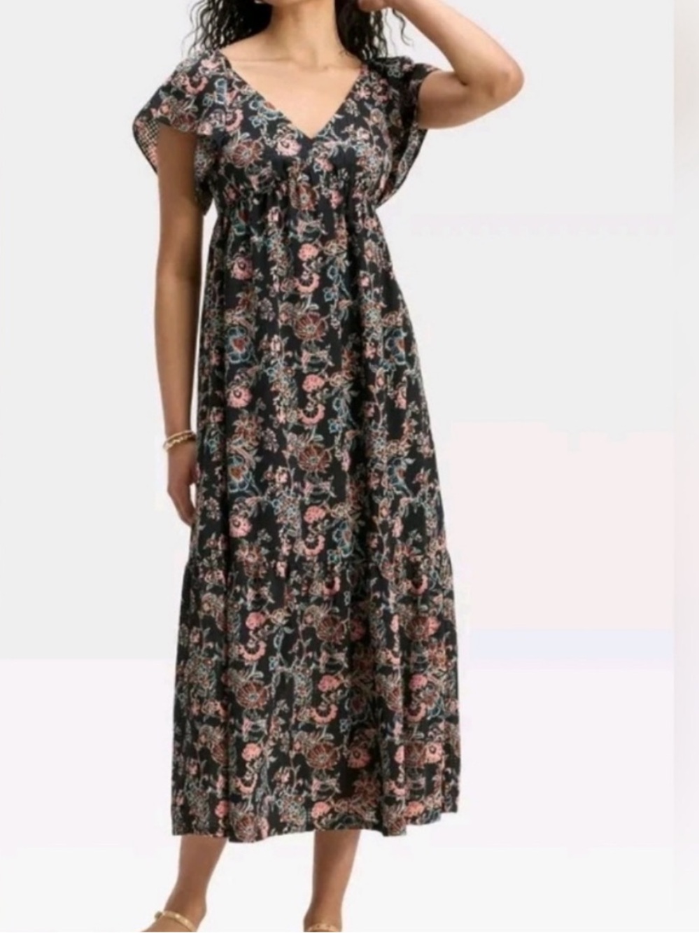 Universal thread L Black Floral Maxi Dress with Pink & Teal Print